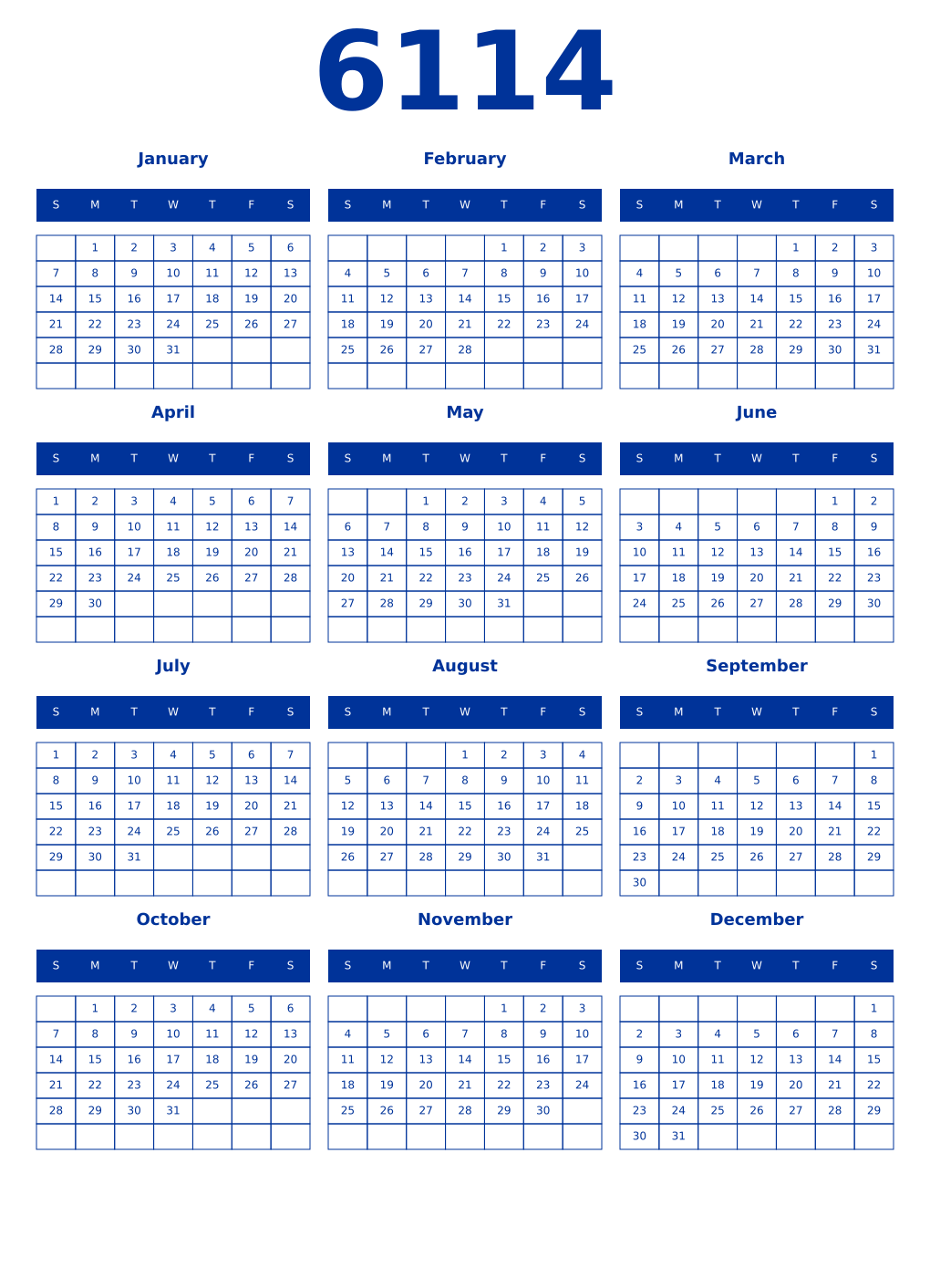 Printable 6114 Year Calendars smalt