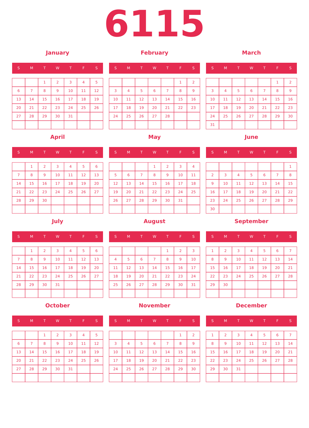 Printable 6115 Year Calendars amaranth