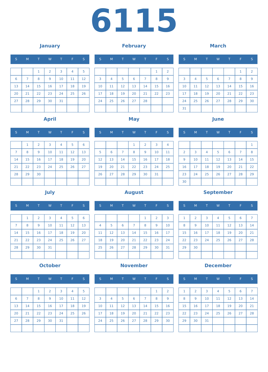 Printable 6115 Year Calendars blue