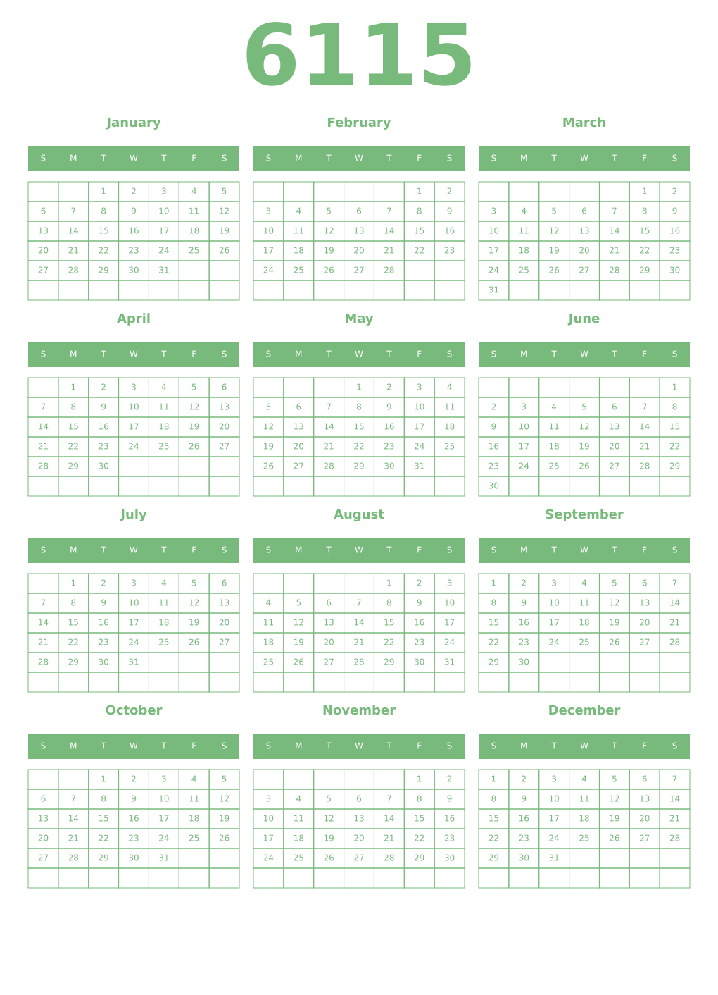 Printable 6115 Year Calendars celadon