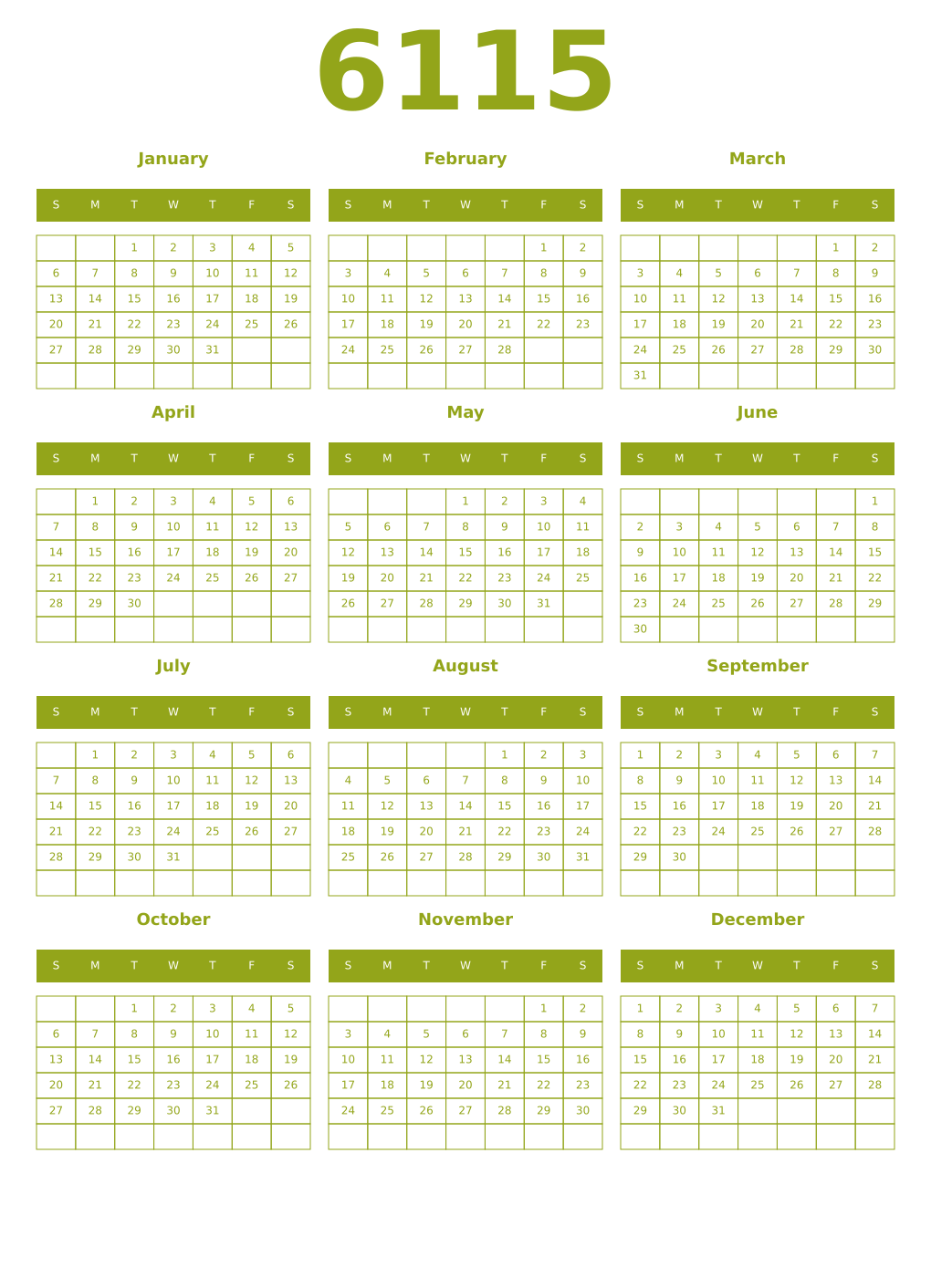 Printable 6115 Year Calendars chartreuse