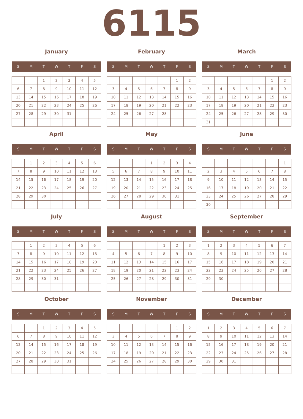 Printable 6115 Year Calendars coffe