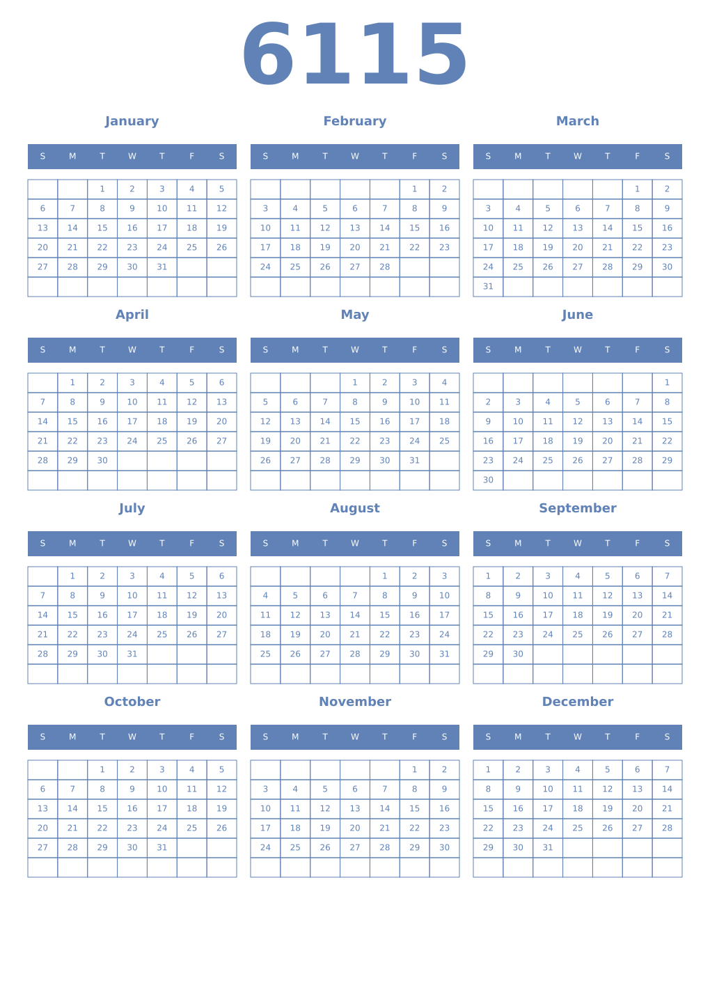 Printable 6115 Year Calendars glaucous
