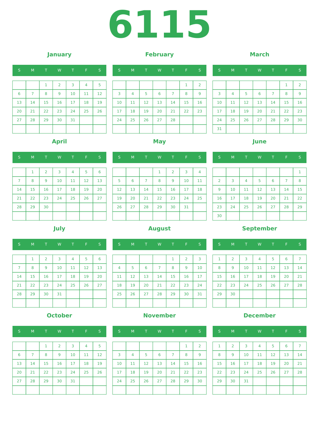 Printable 6115 Year Calendars green