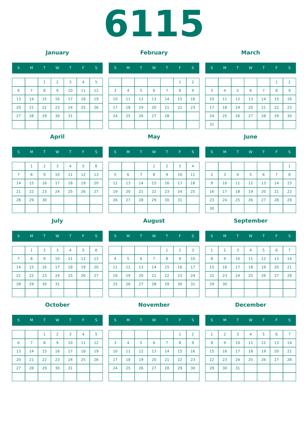 Printable 6115 Year Calendars pastel