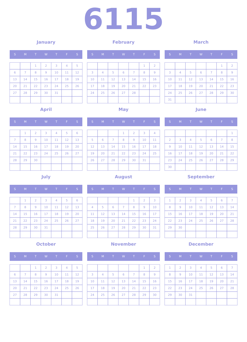 Printable 6115 Year Calendars periwinkle