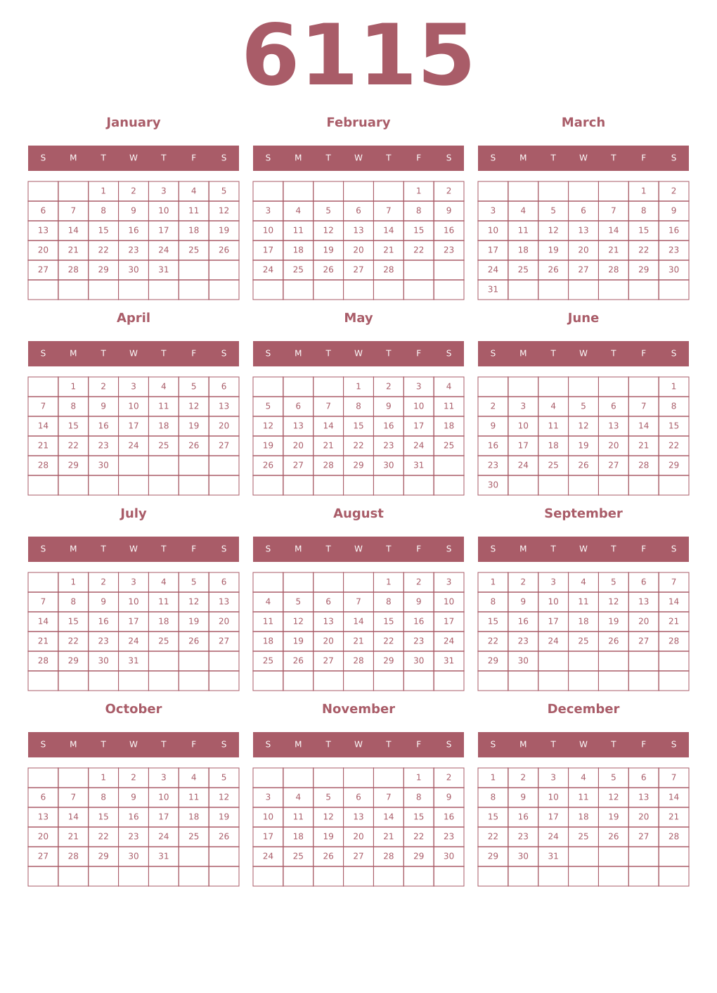 Printable 6115 Year Calendars puce