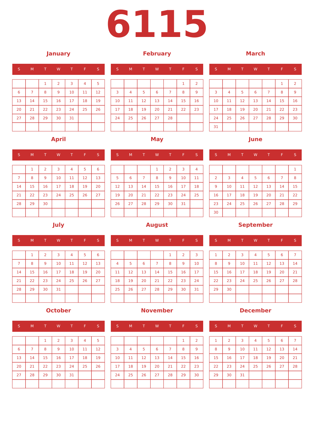 Printable 6115 Year Calendars red