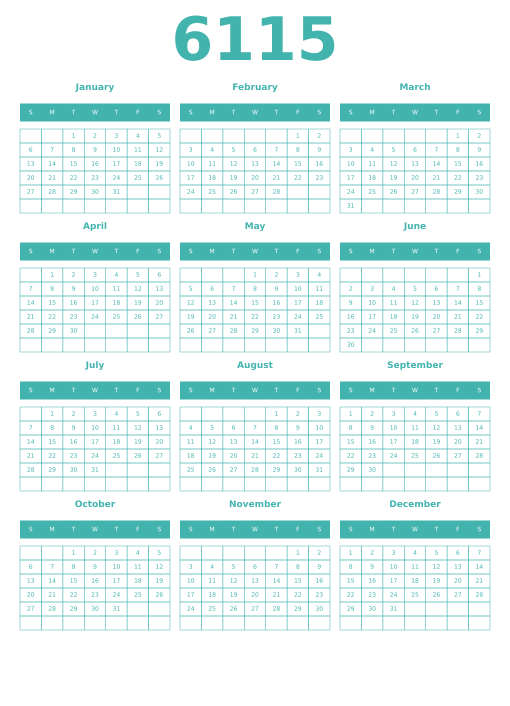 Printable 6115 Year Calendars verdigris