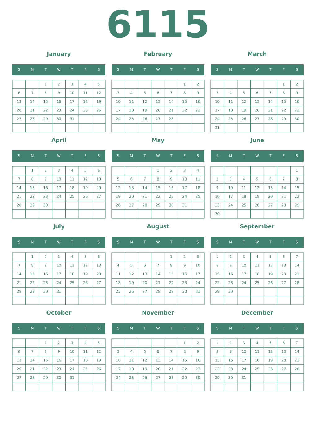 Printable 6115 Year Calendars viridian