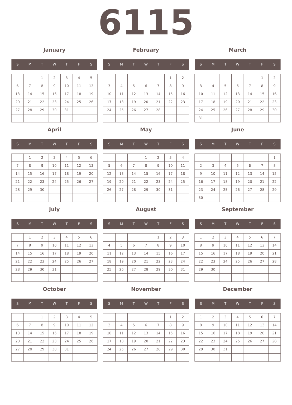 Printable 6115 Year Calendars wenge