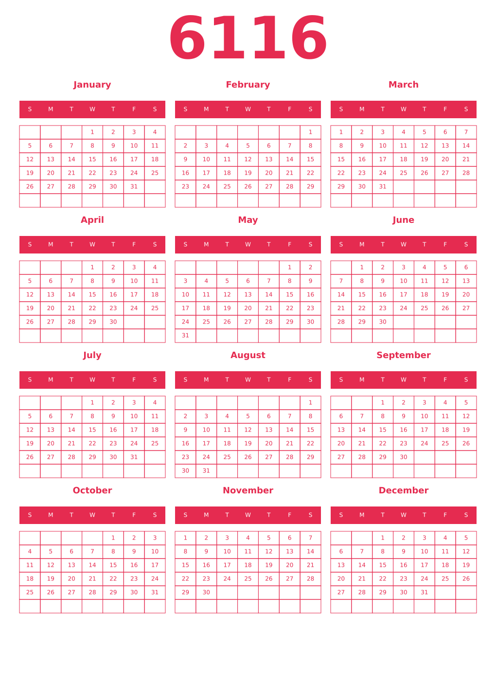 Printable 6116 Year Calendars amaranth
