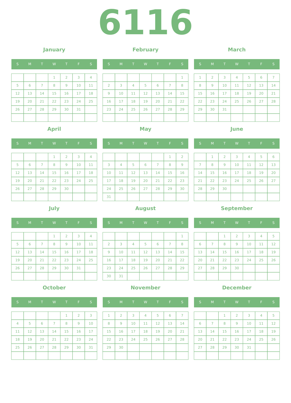 Printable 6116 Year Calendars celadon