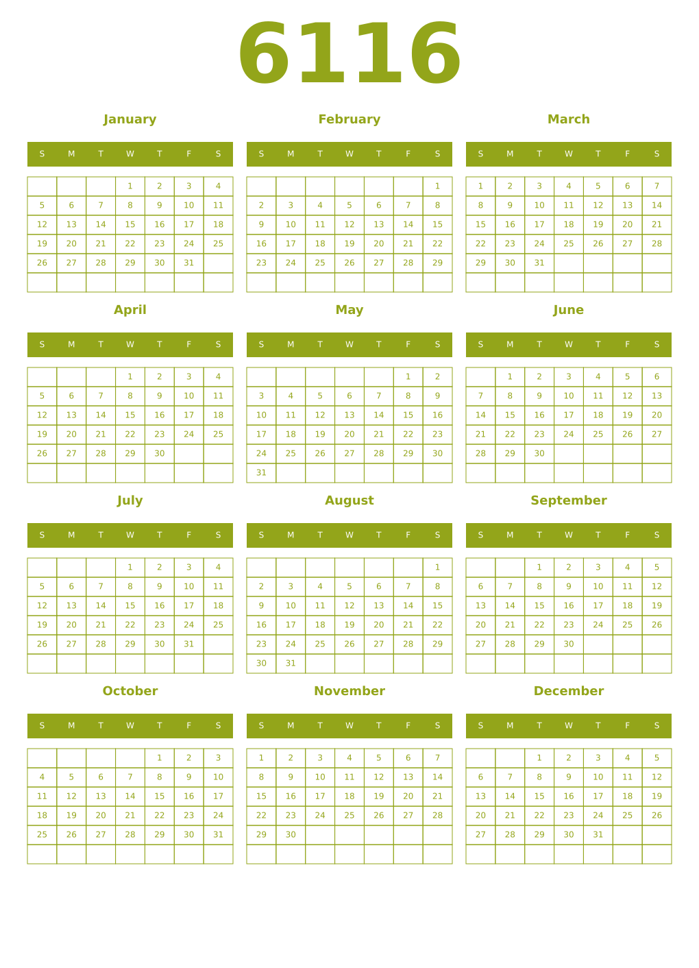 Printable 6116 Year Calendars chartreuse