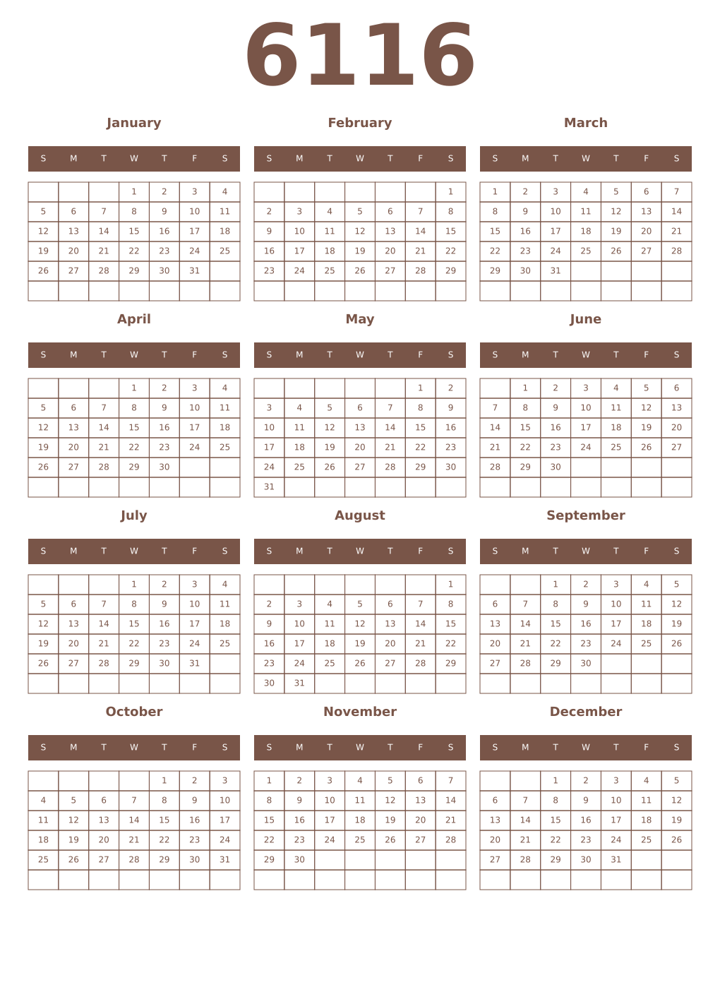 Printable 6116 Year Calendars coffe