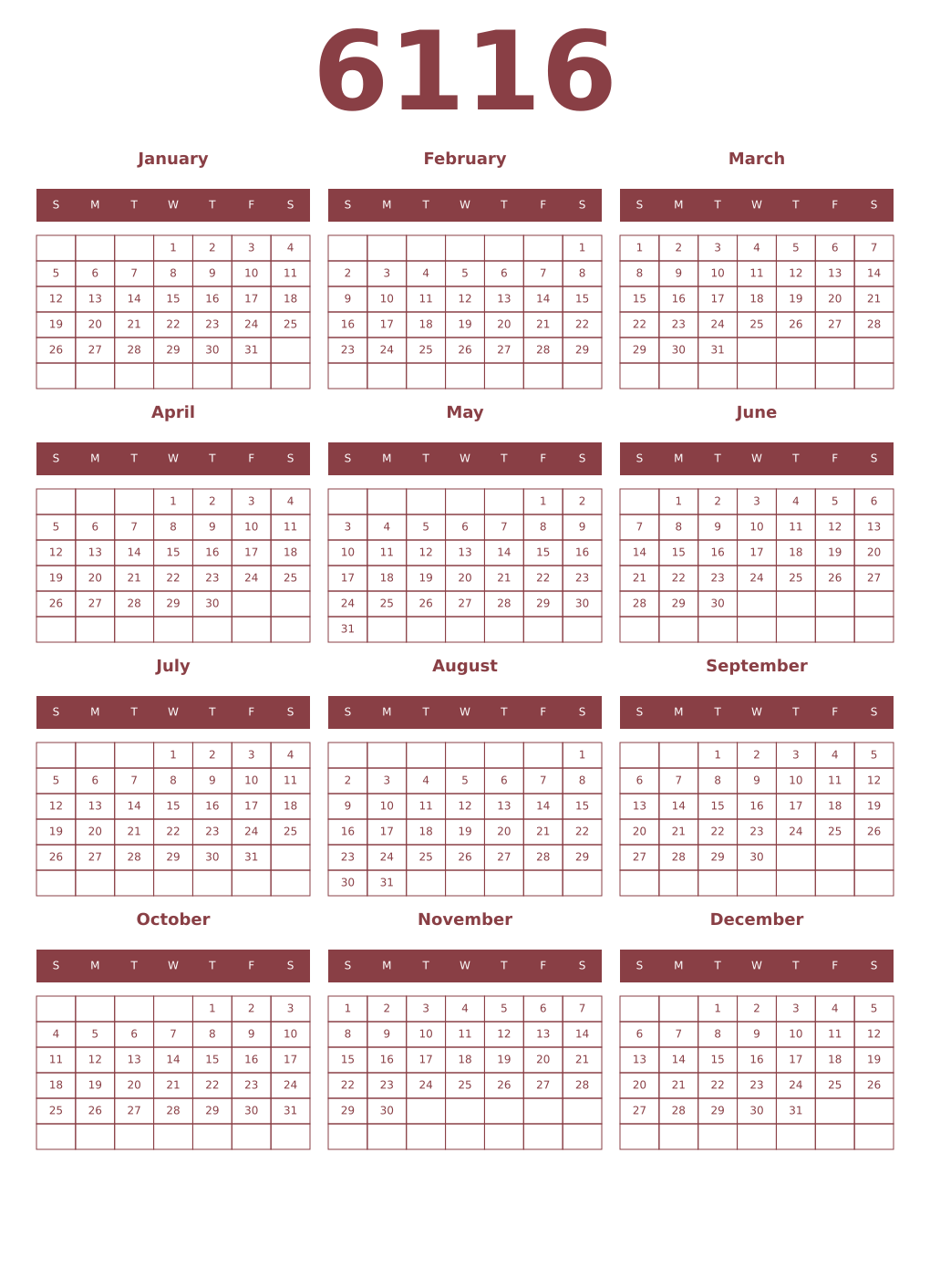 Printable 6116 Year Calendars cordovan