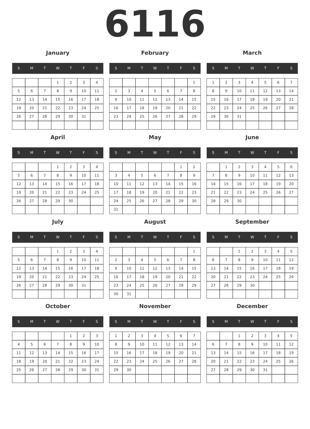Printable 6116 Year Calendars dark
