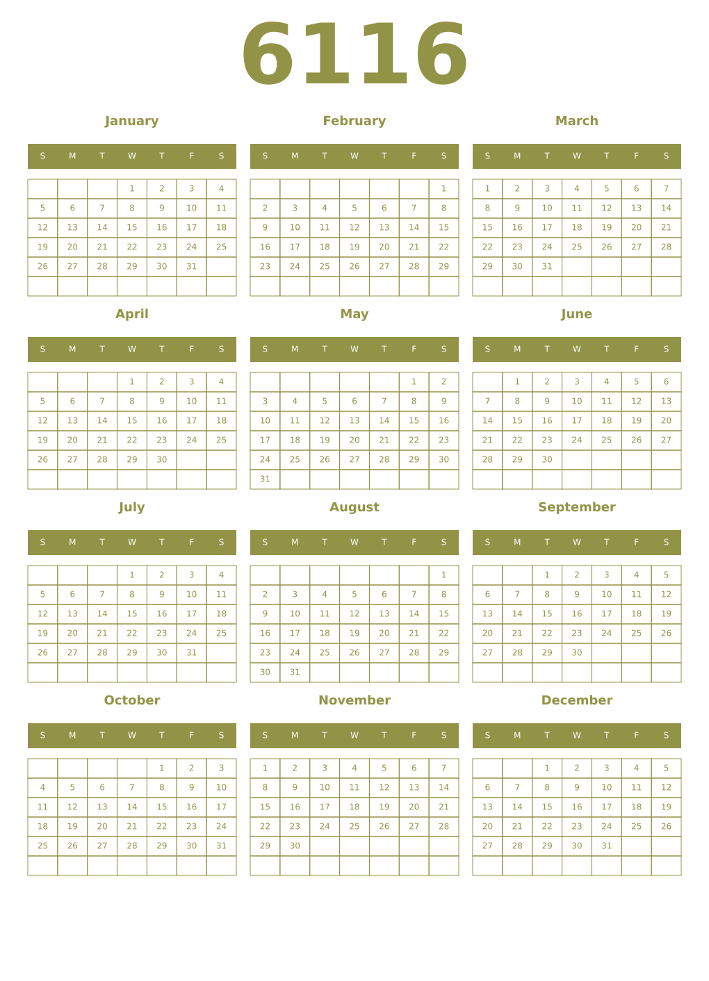 Printable 6116 Year Calendars eburnean