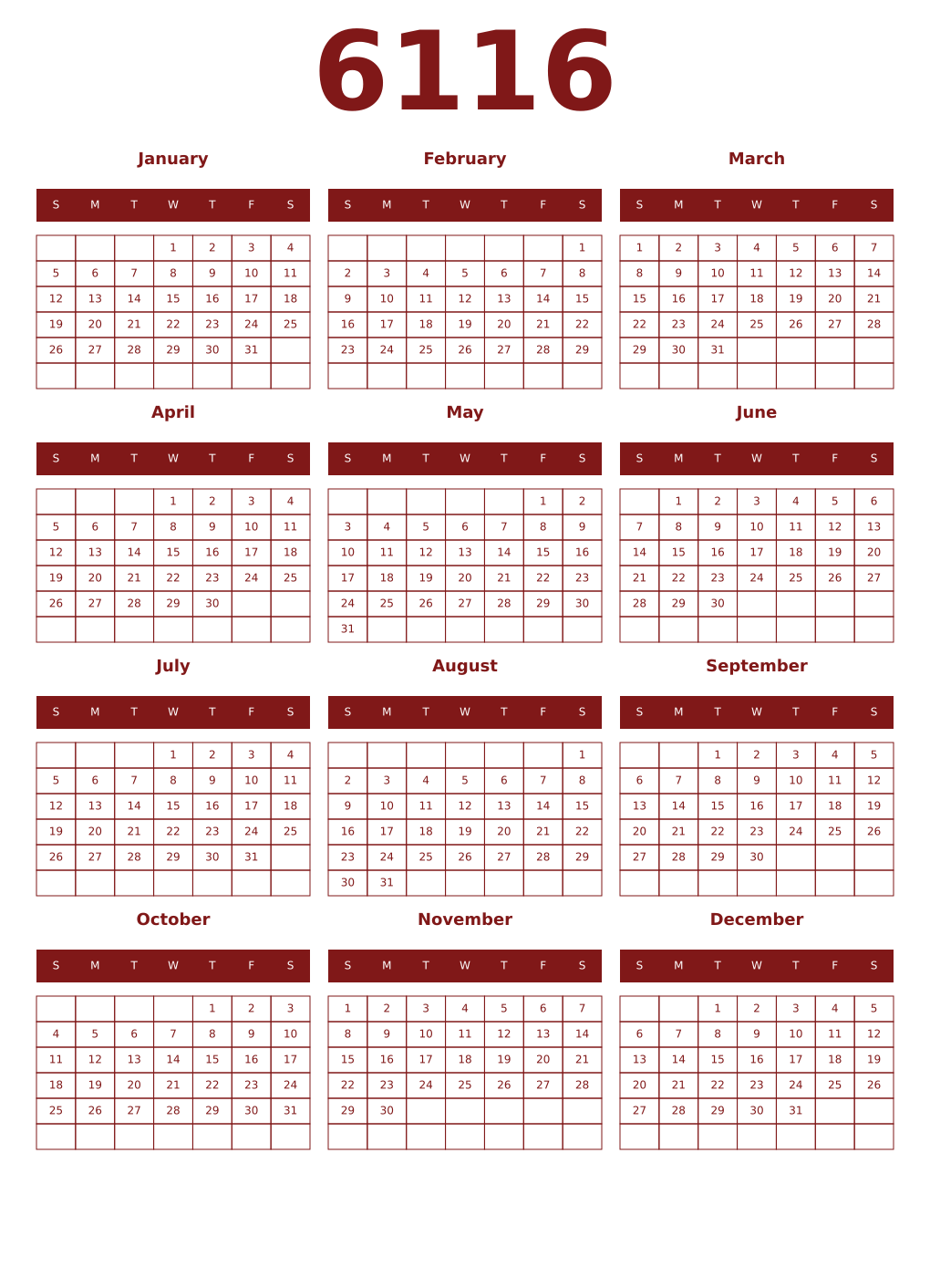 Printable 6116 Year Calendars falu
