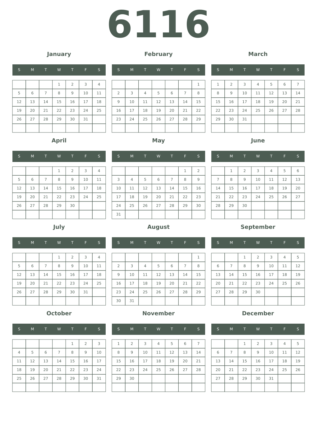 Printable 6116 Year Calendars feldgrau