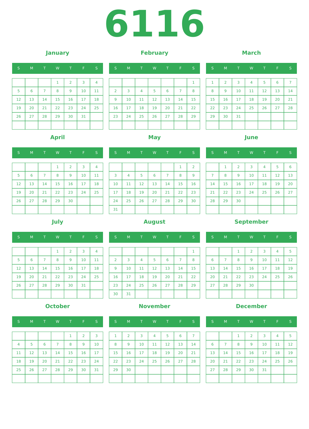 Printable 6116 Year Calendars green