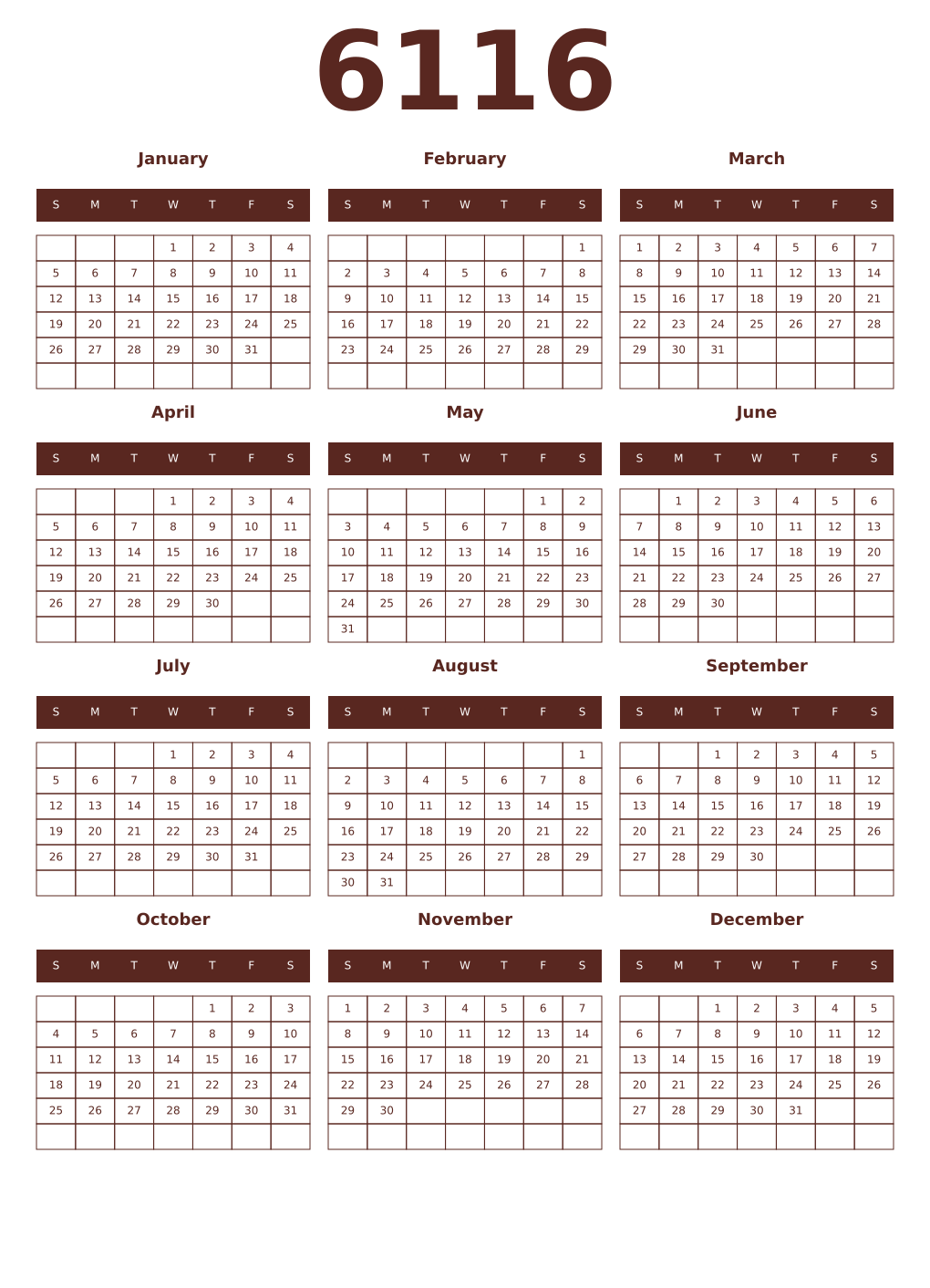 Printable 6116 Year Calendars mortuum