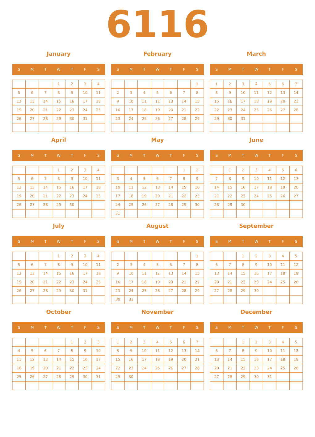 Printable 6116 Year Calendars orange