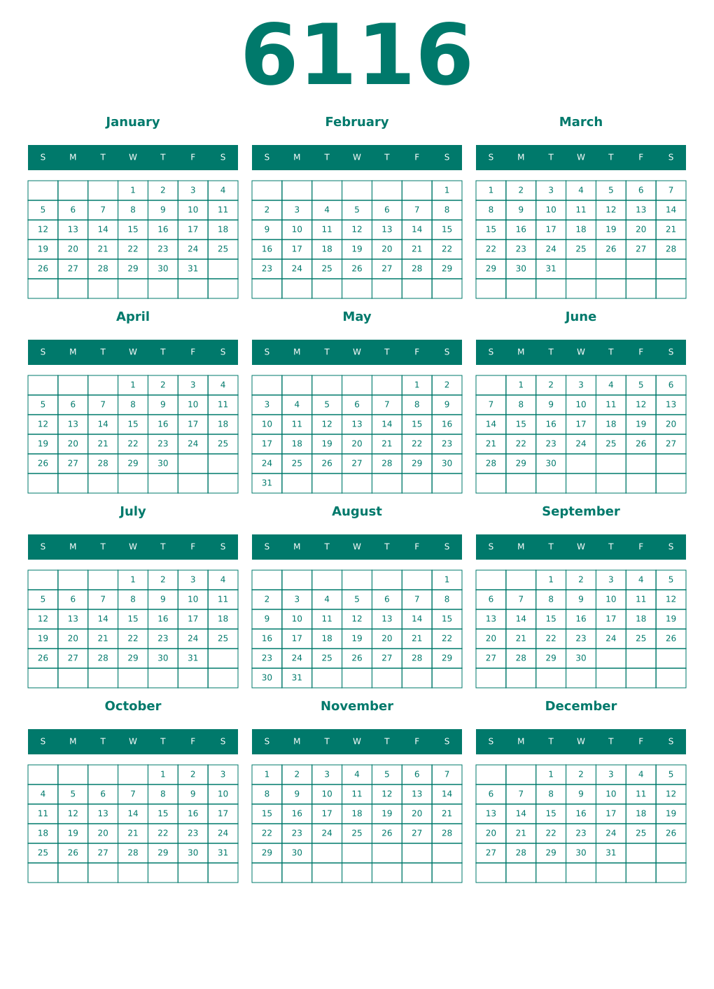 Printable 6116 Year Calendars pastel