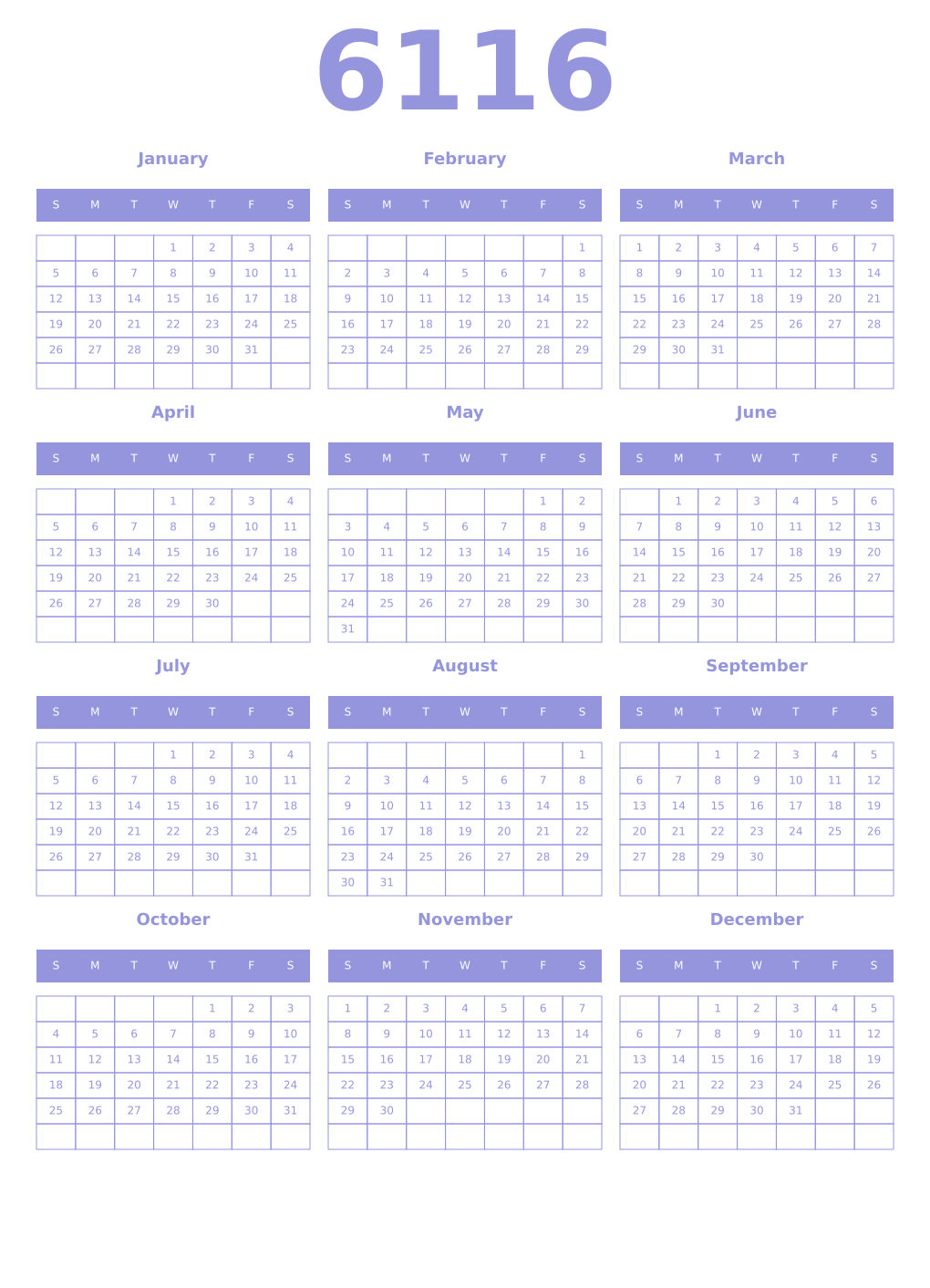 Printable 6116 Year Calendars periwinkle