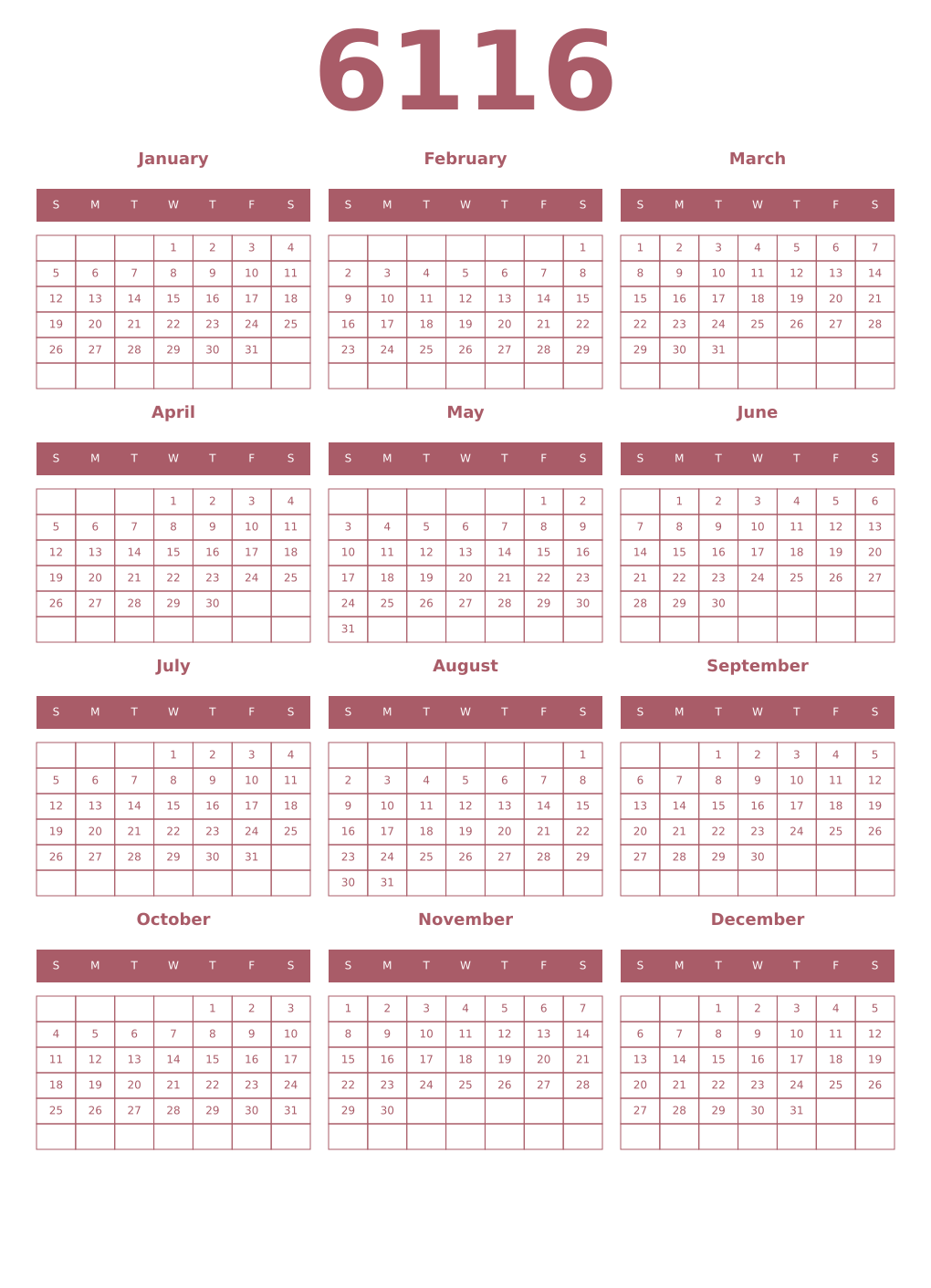 Printable 6116 Year Calendars puce