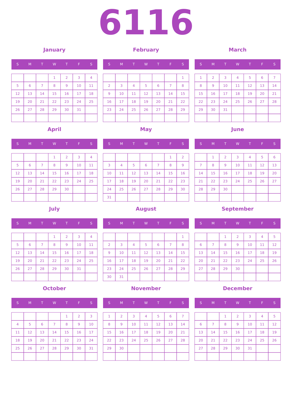 Printable 6116 Year Calendars purple