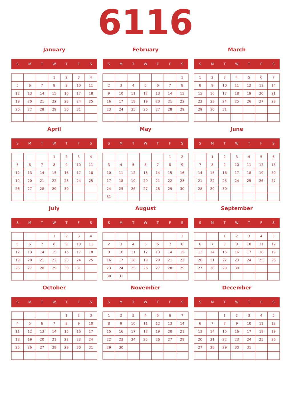 Printable 6116 Year Calendars red