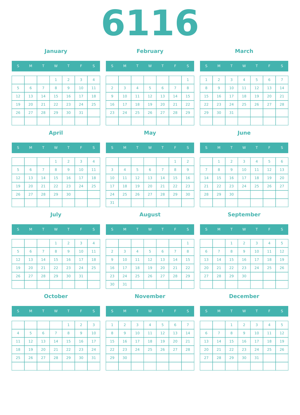 Printable 6116 Year Calendars verdigris