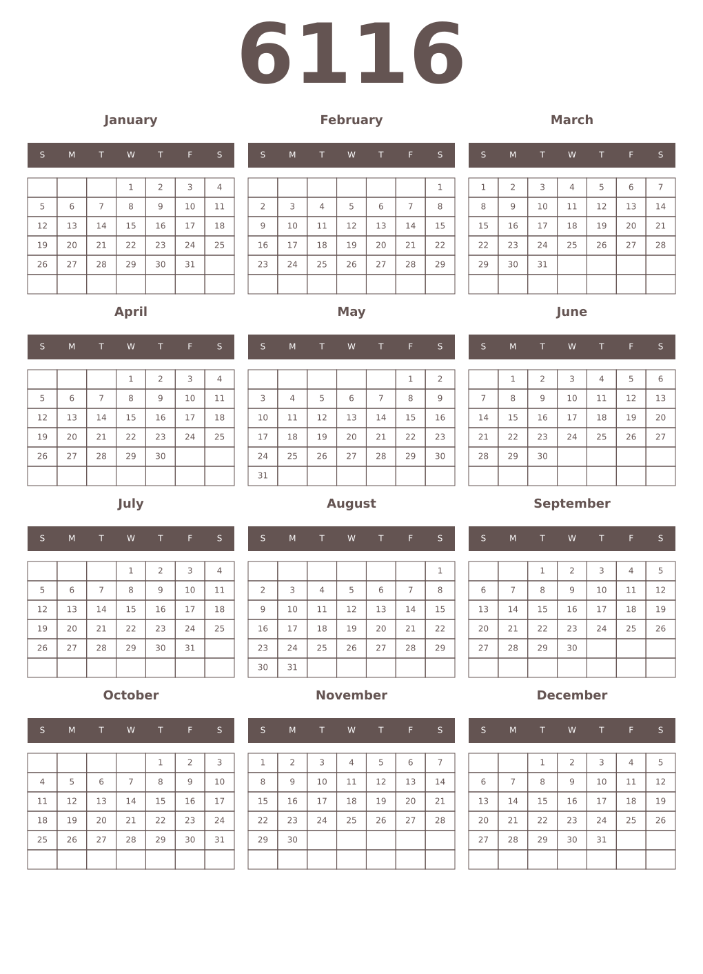 Printable 6116 Year Calendars wenge