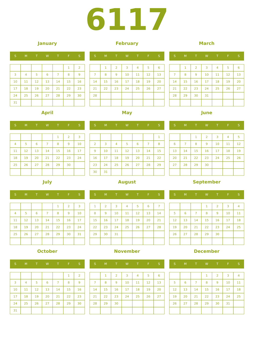 Printable 6117 Year Calendars chartreuse