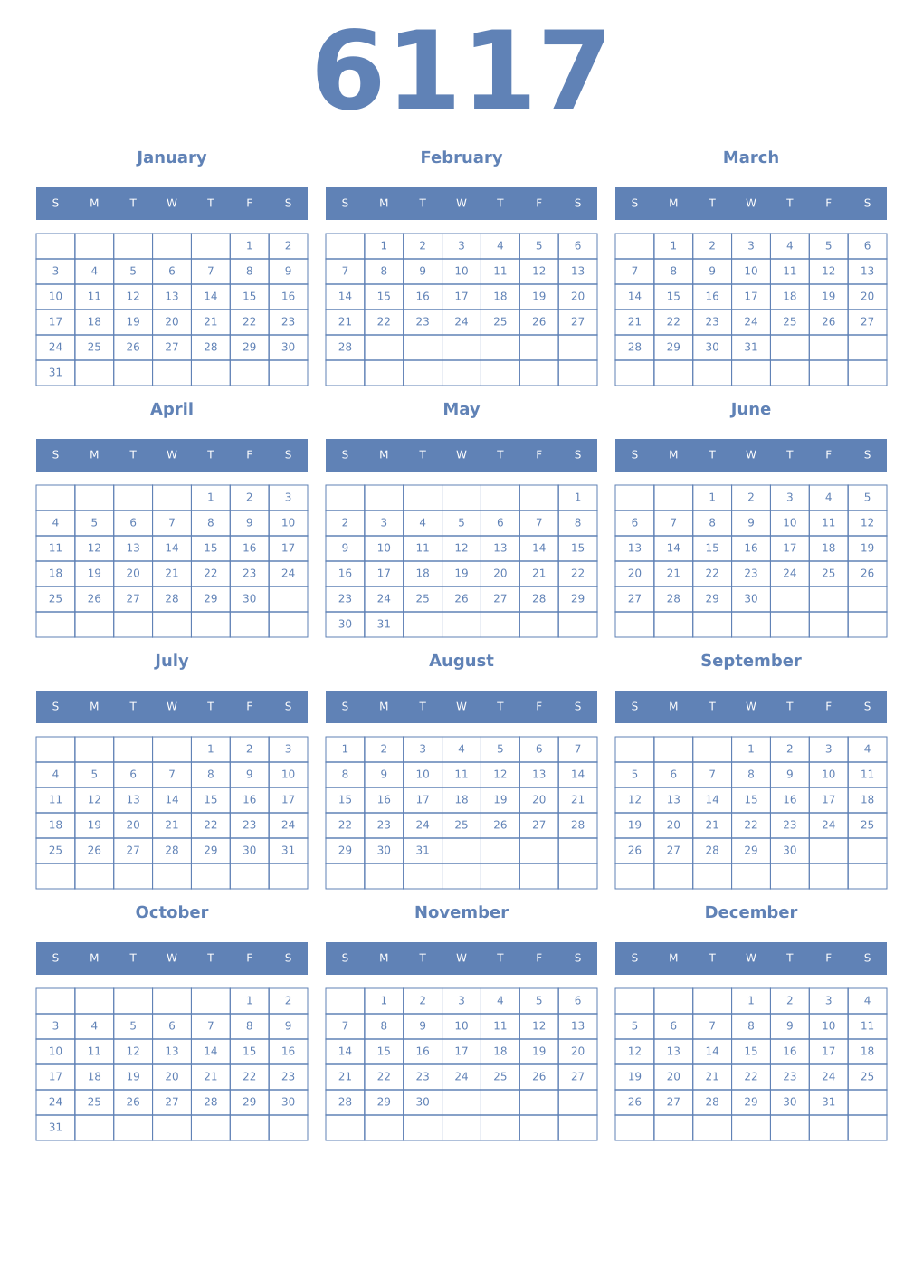 Printable 6117 Year Calendars glaucous