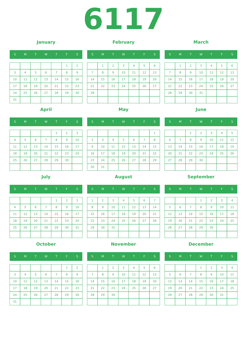Printable 6117 Year Calendars green