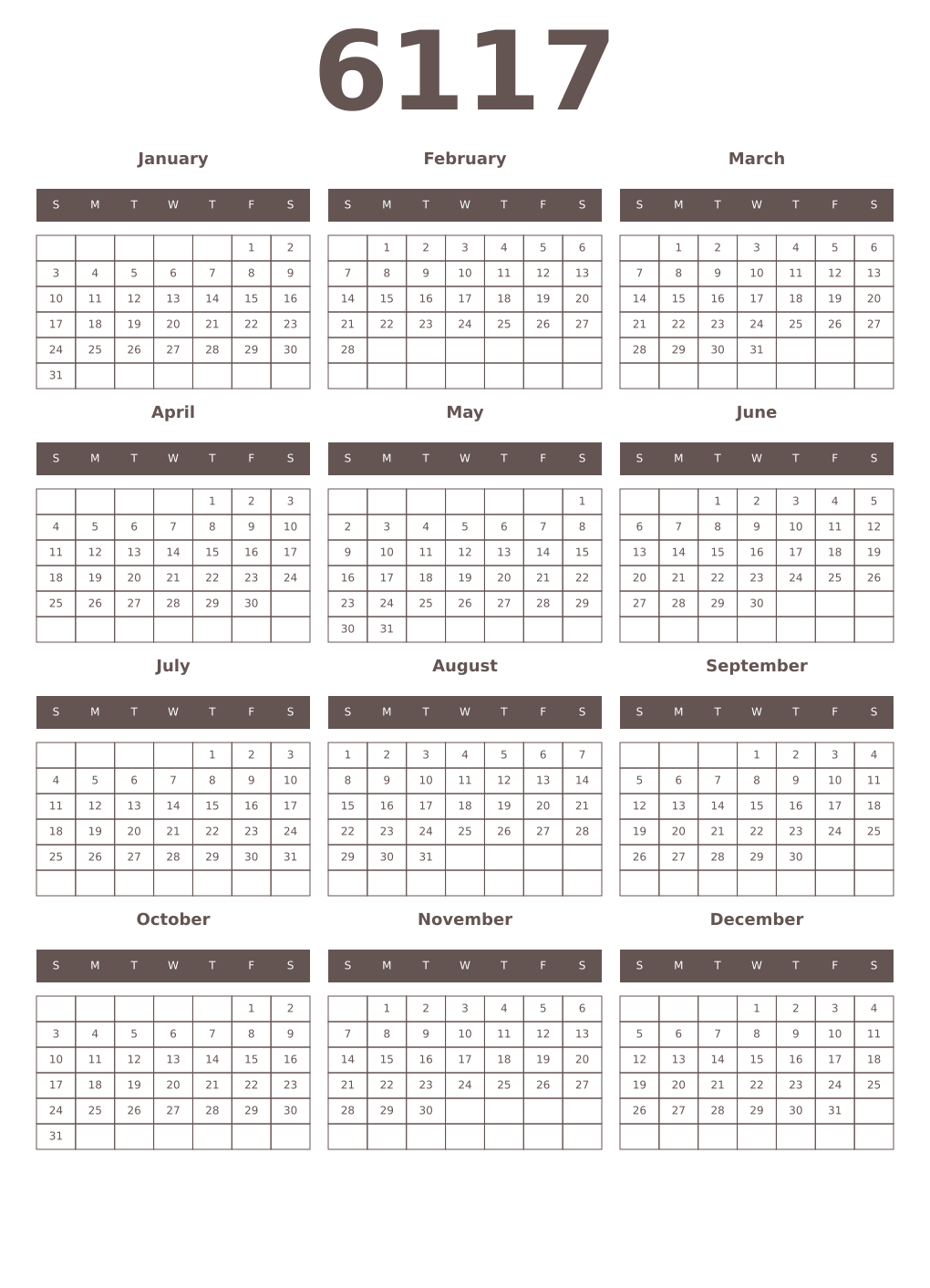 Printable 6117 Year Calendars wenge