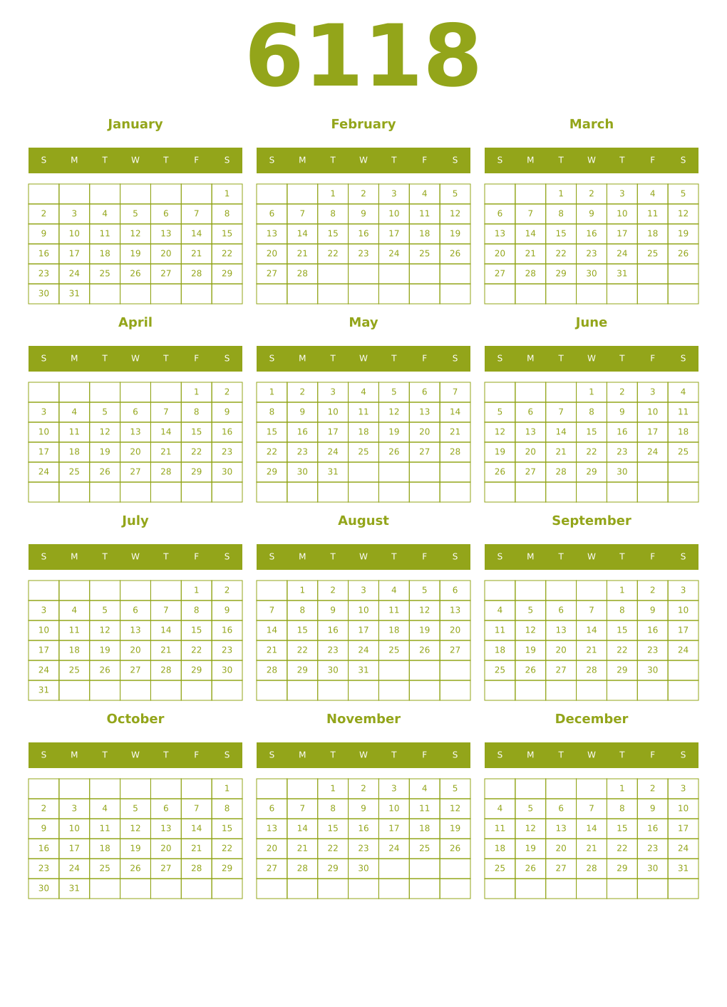 Printable 6118 Year Calendars chartreuse