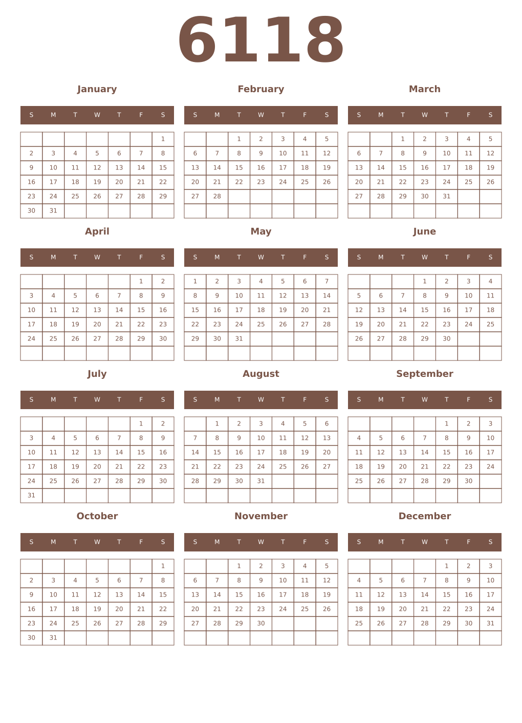 Printable 6118 Year Calendars coffe