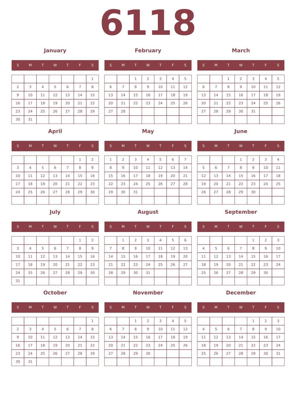 Printable 6118 Year Calendars cordovan