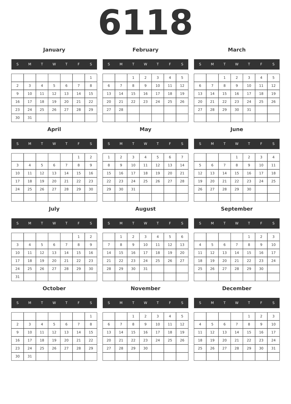 Printable 6118 Year Calendars dark