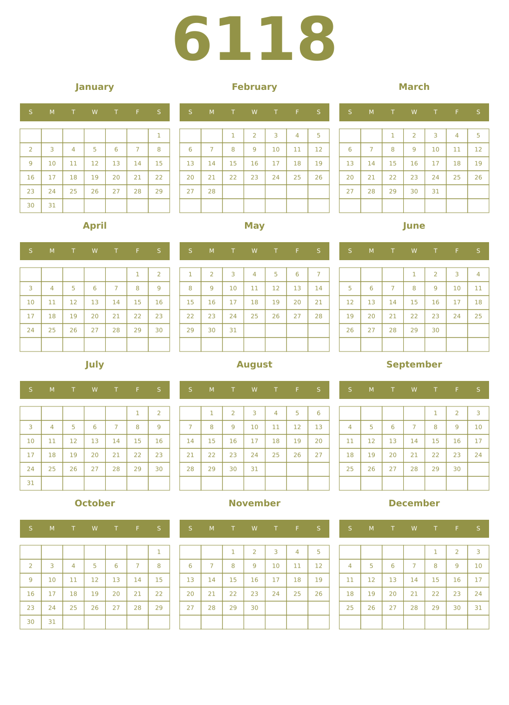 Printable 6118 Year Calendars eburnean