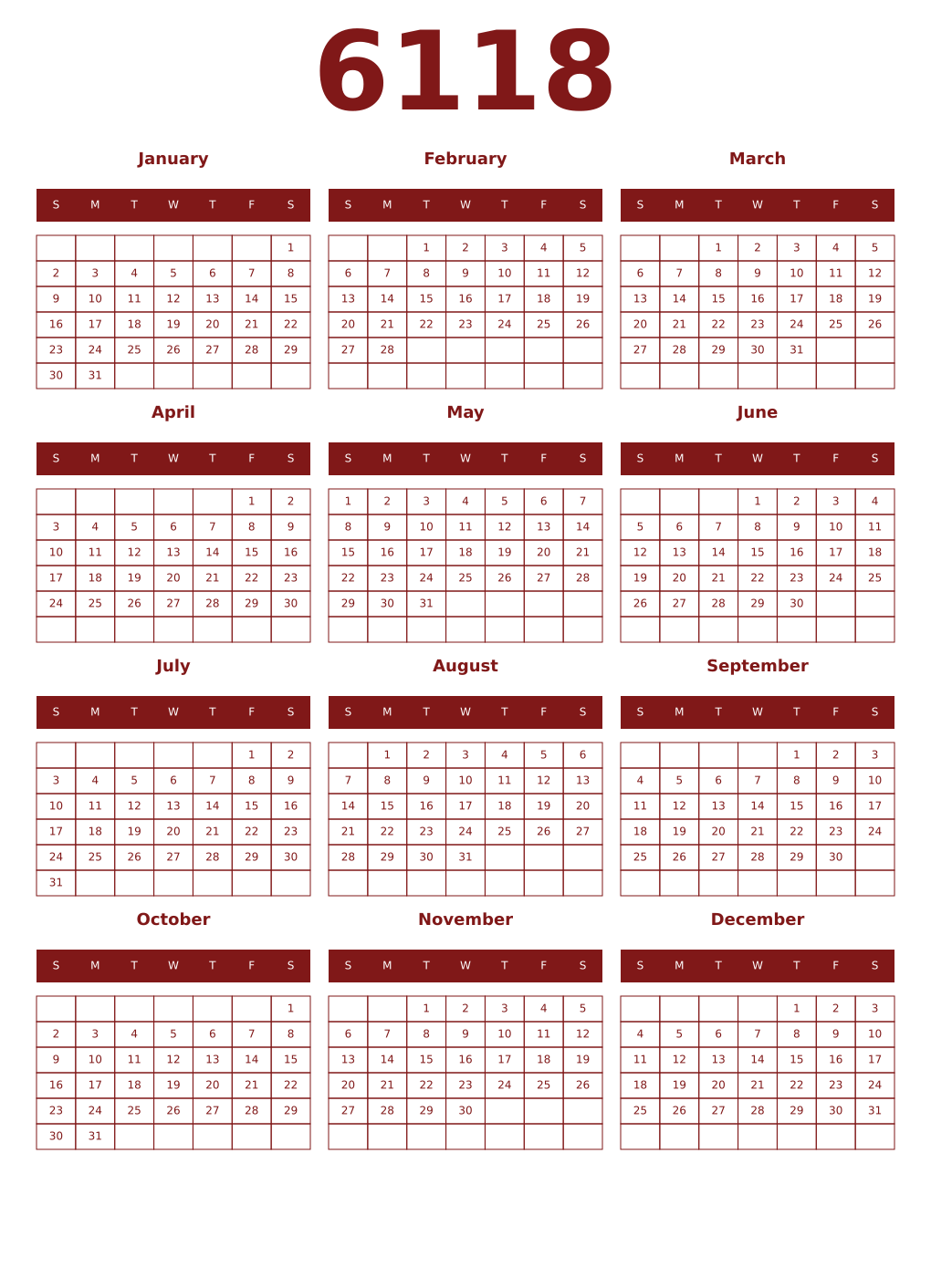 Printable 6118 Year Calendars falu