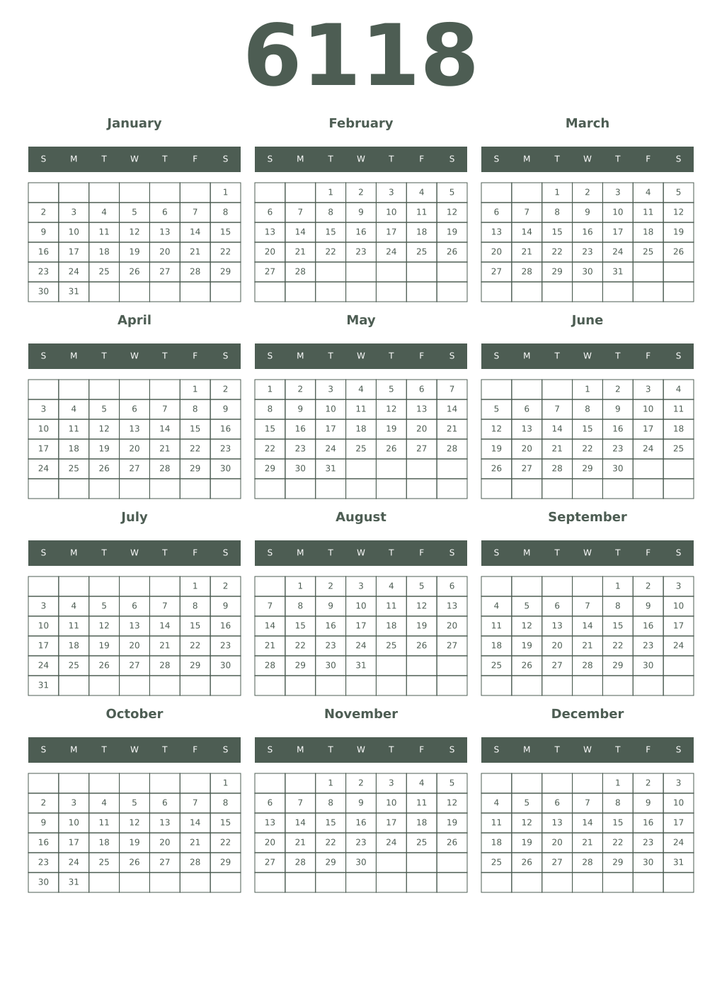 Printable 6118 Year Calendars feldgrau