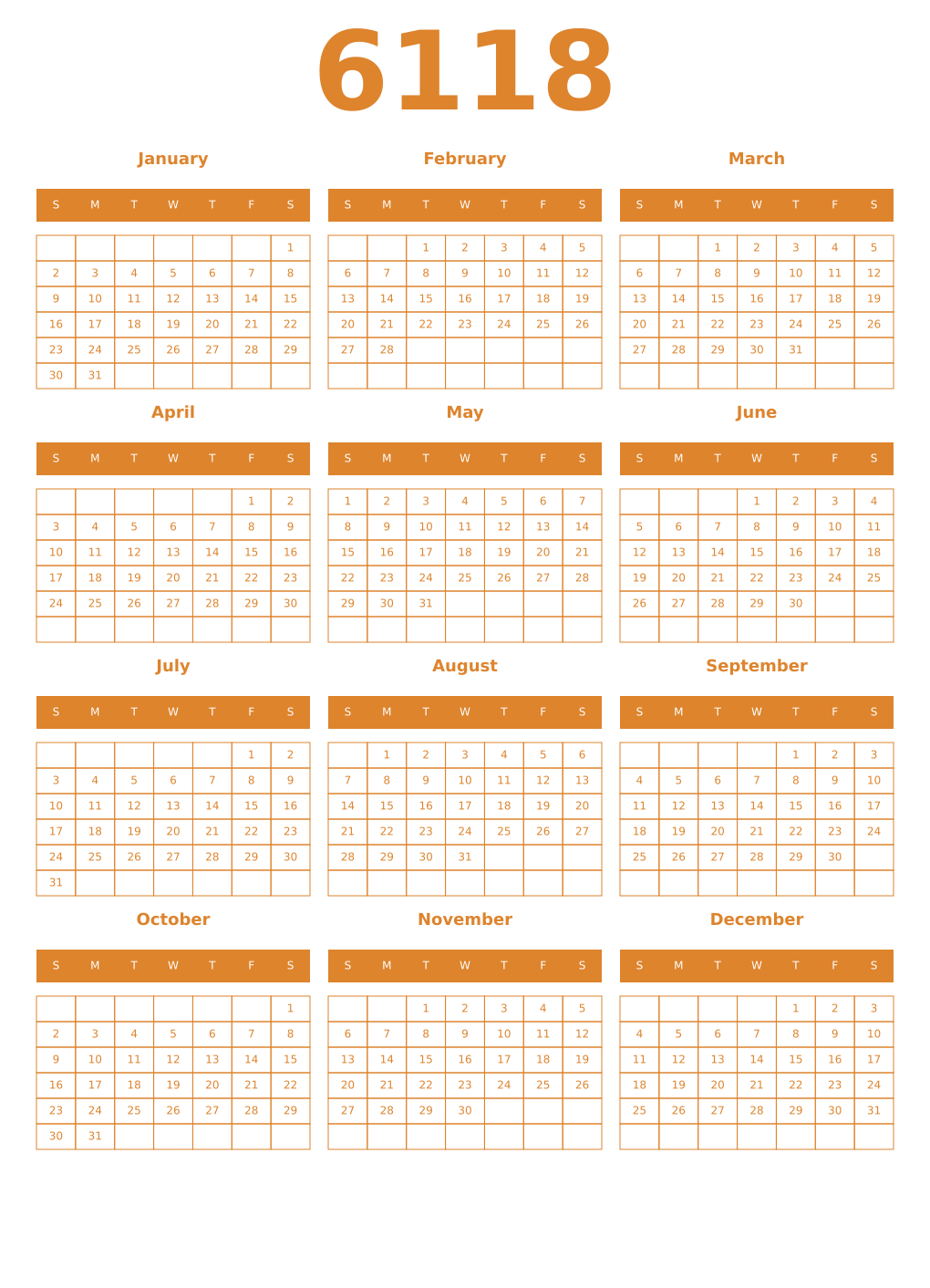 Printable 6118 Year Calendars orange
