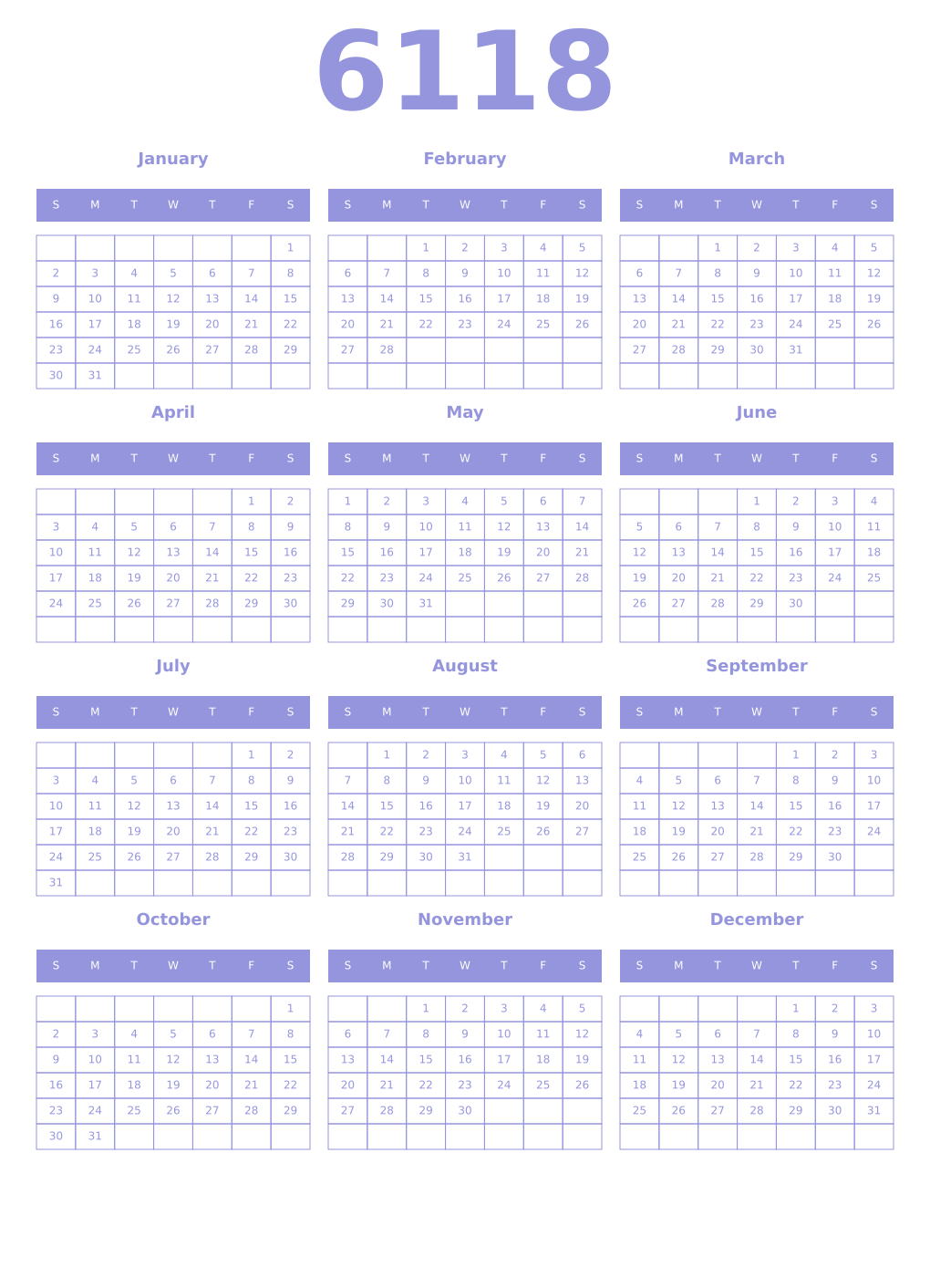 Printable 6118 Year Calendars periwinkle