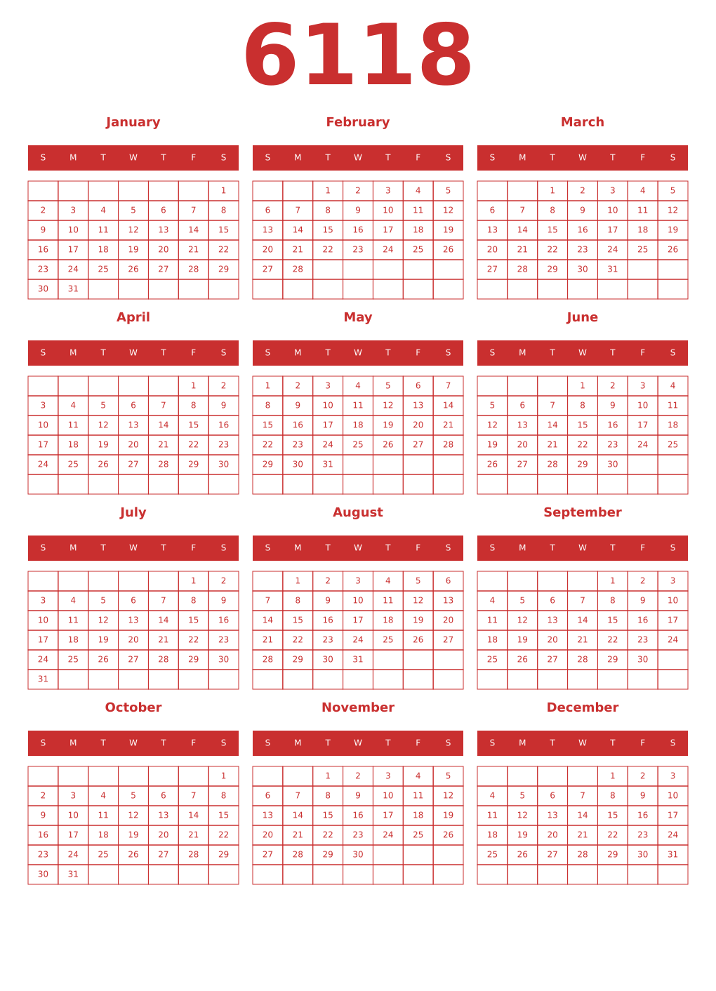 Printable 6118 Year Calendars red