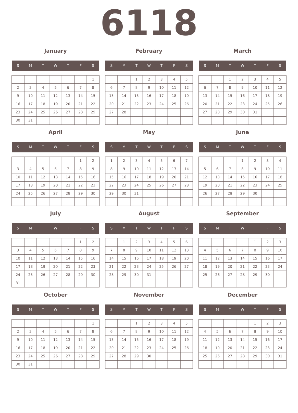 Printable 6118 Year Calendars wenge