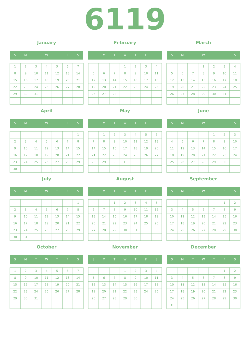 Printable 6119 Year Calendars celadon
